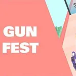 Náhled ukazuje řadu fialových zbraní, které střílejí zlaté kulky směrem k cíli s nápisem GUN FEST na růžovém pozadí