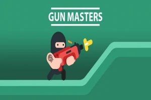 Ninja v černém oblečení držící červenou zbraň na zeleném pozadí s nápisem Gun Masters