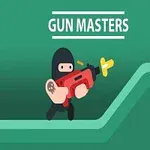 Ninja v černém oblečení držící červenou zbraň na zeleném pozadí s nápisem Gun Masters