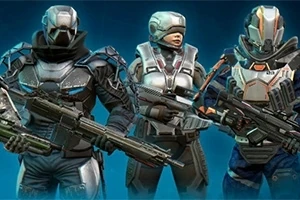 Gun Mayhem Tři futurističtí vojáci v bojových oblecích držící zbraně na modrém pozadí