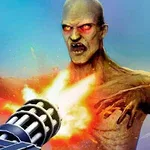Zombík s rudýma očima je zasažen ohnivým výstřelem z rotačního kulometu