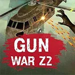 Vrtulník letící nad městem střílí na zombie, která se natahuje k němu, s výrazným nápisem GUN WAR Z2 vlevo