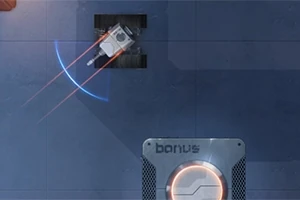 Stříbrný robot s modrými a červenými světelnými stopami vedle panelu označeného jako bonus na tmavém podkladu