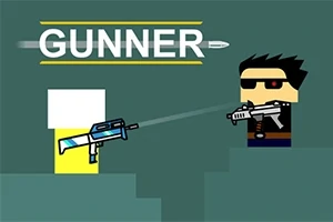 Dva kreslení postavičky s brýlemi a zbraněmi proti sobě s nápisem GUNNER nad nimi