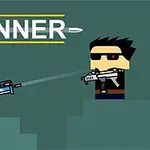 Dva kreslení postavičky s brýlemi a zbraněmi proti sobě s nápisem GUNNER nad nimi