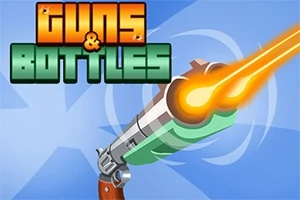 Název „Guns & Bottles“ v pixelovém stylu nad obrázkem pistole střílející oranžový paprsek na modrém pozadí