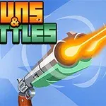 Název „Guns & Bottles“ v pixelovém stylu nad obrázkem pistole střílející oranžový paprsek na modrém pozadí