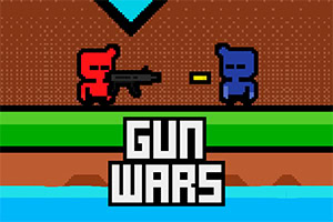 Dvoubarevní pixeloví panáčci, jeden červený s puškou, druhý modrý, s nápisem Gun Wars
