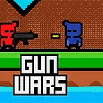Dvoubarevní pixeloví panáčci, jeden červený s puškou, druhý modrý, s nápisem Gun Wars