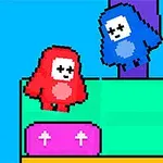 Dva pixelově stylizované postavičky, jedna červená a jedna modrá, stojí vedle růžové krabice s bílými kříži a zlaté koruny