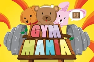 Pes, medvěd a králík s nápisem GYM MANIA na pozadí činek a barevných paprsků