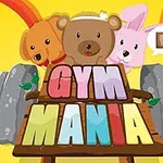 Pes, medvěd a králík s nápisem GYM MANIA na pozadí činek a barevných paprsků