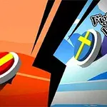 Dvě herní postavy se střetávají na barevném abstraktním pozadí s nápisem Fight to be Winner