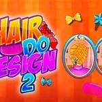 Barevný nápis HAIR DO DESIGN 2 s ozdobami a dvěma zrcadly s účesy na oranžovém pozadí
