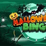 Nápis Halloween Bingo s dýněmi a netopýrem na pozadí temného a strašidelného lesa s domem