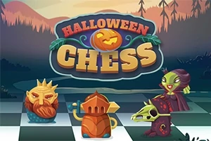 Barevné kreslené šachové figurky na šachovnici s nápisem Halloween Chess a strašidelným pozadím