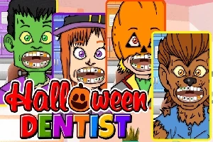 Čtyři kreslené postavy s rovnátky – příšera, čarodějka, dýně a vlkodlak – s nápisem Halloween Dentist vpředu