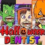 Čtyři kreslené postavy s rovnátky – příšera, čarodějka, dýně a vlkodlak – s nápisem Halloween Dentist vpředu