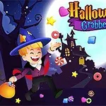 Halloweenská scéna s veselým čarodějem, který drží tašku plnou cukrovinek, před hradem na kopci pod úplňkem a hvězdami