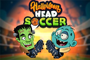 Dva karikaturistické halloweenské postavy s fotbalovými botami na pozadí osvětleného stadionu