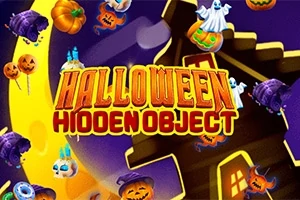 Halloweenský motiv s dýněmi, duchy a nápisem Halloween Hidden Object na pozadí měsíce a kostelní věže