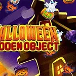Halloweenský motiv s dýněmi, duchy a nápisem Halloween Hidden Object na pozadí měsíce a kostelní věže