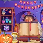 Kouzelnická místnost s otevřenou knihou, dýní, lahvičkami lektvarů a dekorací s nápisem Happy Halloween