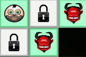 Emoji lebky, zámku a červeného ďábla uspořádané v mřížce na zelených a bílých pozadích
