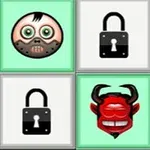 Emoji lebky, zámku a červeného ďábla uspořádané v mřížce na zelených a bílých pozadích