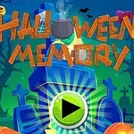 Barevná ilustrace se zobrazením hřbitova s hroby, dýněmi, kouřícím kotlem a nápisem Halloween Memory na modrém pozadí