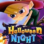 Postava v klobouku letící na koštěti s ilustrací dýně a nápisem Halloween Night na tmavém pozadí