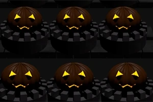 Šest svítících halloweenských dýní s výraznými obličeji na černém pozadí