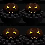 Šest svítících halloweenských dýní s výraznými obličeji na černém pozadí