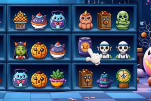 Police barevně malovaných halloweenských dekorací včetně koček, sov, dýní, mumie, duchů a rostlin na modrých regálech