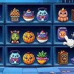 Police barevně malovaných halloweenských dekorací včetně koček, sov, dýní, mumie, duchů a rostlin na modrých regálech