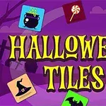 Fialové pozadí s textem Halloween Tiles obklopené ikonami strašidelných motivů, jako je duch, čarodějnický klobouk, kotlík, dýně a netopýr