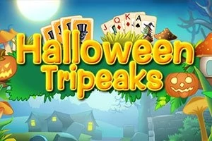 Text Halloween Tripeaks v popředí s kartami a strašidelnými prvky jako jsou vydlabané dýně v pozadí