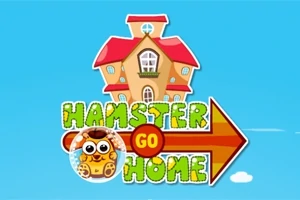 Dům s červenou střechou a nápisem Hamster Go Home na modrém pozadí s obrázkem křečka