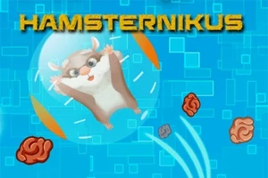 Křeček v bublině na modrém pozadí s oranžovými prvky a logem HAMSTERNIKUS