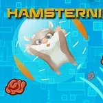 Křeček v bublině na modrém pozadí s oranžovými prvky a logem HAMSTERNIKUS