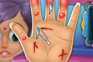 Hand Doctor Ruka s viditelnými zraněními a třískami, s pozadím s fialovými vlasy a velkýma očima