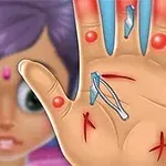 Hand Doctor Ruka s viditelnými zraněními a třískami, s pozadím s fialovými vlasy a velkýma očima