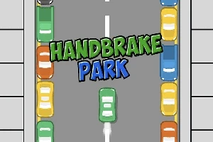 Barevné kreslené automobily seřazené podél silnice s nápisem Handbrake Park uprostřed