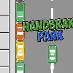 Barevné kreslené automobily seřazené podél silnice s nápisem Handbrake Park uprostřed