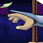 Ruka s nataženým prstem probodává gilotinu, zatímco se vznáší bankovka na tmavém pozadí