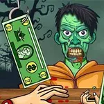 Zelený zombie s děsivým výrazem ve tváři, obklopený zavěšenými bankovkami na hácích, s temným pozadím se siluetami stromů