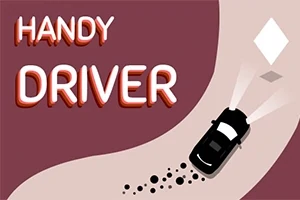 Černé auto driftuje na klikaté silnici za soumraku vedle nápisu HANDY DRIVER