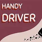 Černé auto driftuje na klikaté silnici za soumraku vedle nápisu HANDY DRIVER
