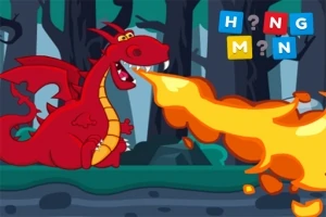 Červený drak chrlící oheň v lese s barevnými písmeny a otazníkem v pravém horním rohu