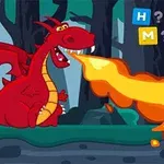 Červený drak chrlící oheň v lese s barevnými písmeny a otazníkem v pravém horním rohu